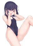  1girl black_hair black_swimsuit covered_navel flat_chest hands_on_own_face highleg highleg_swimsuit highres jilu looking_at_viewer original red_eyes short_hair simple_background solo swimsuit white_background 