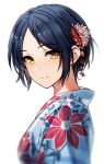  1girl bangs blue_hair blue_kimono blurry closed_mouth depth_of_field earrings eyebrows_visible_through_hair face floral_print flower from_side hair_flower hair_ornament hayami_kanade highres idolmaster idolmaster_cinderella_girls japanese_clothes jewelry kakaobataa kimono looking_at_viewer parted_bangs print_kimono red_flower short_hair sidelocks simple_background smile solo upper_body white_background yellow_eyes 
