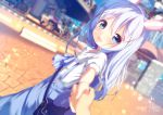  1girl :d amusement_park animal_ears bangs blue_bow blue_eyes blue_hair blue_skirt blurry blurry_background blush bow chinomaron commentary_request depth_of_field eyebrows_visible_through_hair fake_animal_ears gochuumon_wa_usagi_desu_ka? hair_between_eyes hair_ornament hairband holding_hands kafuu_chino long_hair looking_at_viewer looking_back open_mouth outstretched_arm pink_hairband pointing pov rabbit_ears sailor_collar shirt short_sleeves signature skirt smile solo_focus suspender_skirt suspenders very_long_hair white_sailor_collar white_shirt x_hair_ornament 