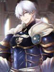  1boy armor bishounen blurry blurry_background cape dairoku_youhei green_eyes hair_between_eyes indoors male_focus morino_bambi smile solo upper_body white_hair 