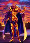  1boy armor boots breastplate character_request closed_mouth clouds cloudy_sky gold_armor gold_saint green_eyes hand_up highres kotatsu_(g-rough) long_hair male_focus pauldrons purple_hair saint_seiya shoulder_armor sky solo standing sunset thick_eyebrows 