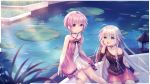  2girls bangs blue_eyes braid commentary criss-cross_halter eyebrows_visible_through_hair halterneck highres ia_(vocaloid) lily_pad long_hair low_twintails multiple_girls off_shoulder open_mouth pink_hair sakakidani short_hair_with_long_locks sitting smile twin_braids twintails violet_eyes vocaloid voiceroid water yuzuki_yukari 