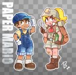  1boy 1girl backpack bag bandaid bandaid_on_knee baseball_cap beco_(100me) belt blonde_hair blue_headwear blush_stickers book boots brown_eyes brown_gloves brown_hair checkered checkered_background copyright_name dark_skin dark_skinned_male fang full_body gloves goombario goombella hat headlamp helmet highres super_mario_bros. overall_shorts overalls paper_mario paper_mario:_the_thousand_year_door paper_mario_64 personification ponytail shorts signature trait_connection white_gloves 