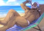  1boy abs aegir_(tokyo_houkago_summoners) bara beard blue_eyes bulge chest dark_skin dark_skinned_male facial_hair katoributa_a looking_at_viewer male_focus male_underwear manly muscle nipples pectoral_press pectorals smile solo thick_thighs thighs tokyo_houkago_summoners underwear underwear_only upper_body white_hair 