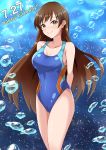  1girl arms_behind_back blue_swimsuit breasts brown_eyes brown_hair commentary_request competition_swimsuit happy_birthday highres idolmaster idolmaster_cinderella_girls kuramari_(godbaan) large_breasts long_hair looking_at_viewer nitta_minami one-piece_swimsuit smile solo swimsuit underwater 