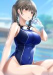  1girl blue_swimsuit blurry breasts brown_eyes commentary_request competition_swimsuit covered_navel cowboy_shot depth_of_field drinking_straw goggles goggles_around_neck grey_hair highres long_hair medium_breasts one-piece_swimsuit original sipping sitting solo suzuki_nene swimsuit tumbler twintails 