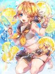  1girl bangs barefoot blonde_hair bow commentary crop_top food fruit full_body hair_bow hair_ornament hairclip hands_up holding holding_food kagamine_rin legs_up lemon looking_at_viewer midriff nail_polish navel neckerchief one_eye_closed open_mouth popsicle sailor_collar sapphire_(ema-n) scrunchie see-through short_hair smile solo splashing swept_bangs swimsuit thigh_strap vocaloid w white_bow wrist_scrunchie yellow_nails 