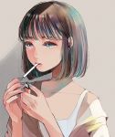  1girl absurdres blue_eyes bob_cut brown_hair cigarette grey_background grey_nails highres holding_lighter huge_filesize lighter mouth_hold multicolored_hair original richard_(ri39p) simple_background smoking solo streaked_hair upper_body 