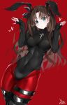  animal_ears black_footwear black_hair boots commentary commentary_request fate/extra fate/extra_record fate_(series) green_eyes highres long_hair nail_polish rabbit_ears red_background red_legwear red_nails thigh-highs thigh_boots thigh_strap tohsaka_rin twintails watosu 