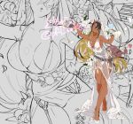  artist_name bouquet breasts bridal_veil character_request copyright_request dark_skin dress flower heart_arrow highres horns multicolored_hair octopus oni_horns petals signature two-tone_hair type-alpha veil wedding_dress 