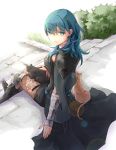  1girl black_shorts blue_eyes blue_hair byleth_(fire_emblem) byleth_eisner_(female) cat closed_mouth fire_emblem fire_emblem:_three_houses pantyhose robaco shorts sitting solo stairs 