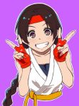  1girl braid braided_ponytail brown_hair dougi fingerless_gloves gloves grin headband okazunoridesuyo red_headband ryuuko_no_ken smile solo the_king_of_fighters v yuri_sakazaki 