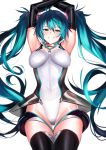  1girl absurdres aqua_eyes aqua_hair armpits arms_up bangs bare_shoulders blush boots breasts elbow_gloves gloves grin groin hatsune_miku headphones highres leotard long_hair looking_at_viewer medium_breasts racequeen racing_miku racing_miku_(2011) sidelocks sleeveless smile solo thigh-highs thigh_boots twintails ulrich_(tagaragakuin) very_long_hair vocaloid 