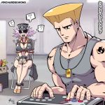  1boy 1girl ? arcade_stick bdsm blonde_hair bondage bound bound_ankles bound_wrists breast_bondage breasts capcom_cup commentary controller dog_tags english_commentary flattop fuudo game_controller guile joystick kuso_miso_technique large_breasts playing_games poison_(final_fight) red_rope richard_suwono rope shibari shibari_over_clothes sitting spoken_question_mark street_fighter street_fighter_v tank_top tied_up translation_request umehara_daigo 