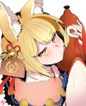  1girl animal_ear_fluff animal_ears bell blonde_hair closed_mouth commentary_request fire_emblem fox_ears fox_girl hair_bell hair_ornament highres holding_gourd japanese_clothes kimono long_sleeves looking_at_viewer nakabayashi_zun pursed_lips selkie_(fire_emblem) selkie_(new_year)_(fire_emblem) short_hair simple_background sleeves_past_wrists solo upper_body white_background yellow_eyes 