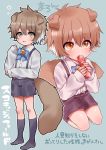  1boy :3 animal_ears bell brown_eyes brown_hair cat_boy cat_ears cat_tail highres multicolored_hair open_mouth original shirt shorts sleeves_past_wrists suspenders tail two-tone_hair usagigenki white_hair white_shirt 