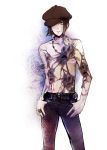  1boy black_hair denim expressionless face hands_on_hips hat jeans jewelry male_focus marureenu necklace nitta_isamu pants ring shin_megami_tensei shin_megami_tensei_iii:_nocturne shirtless skull solo tagme yellow_eyes 