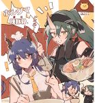 2girls alternate_hairstyle apron arknights black_apron blue_hair blush bowl ch&#039;en_(arknights) chibi chopsticks commentary_request dragon_horns food giving green_eyes green_hair grin hardboiled_egg headband highres horns hoshiguma_(arknights) kyou_039 long_hair multiple_girls necktie noodles oni_horns ponytail ramen red_eyes single_horn smile tongue tongue_out translated yellow_neckwear