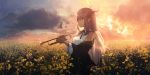  1girl absurdres backlighting bare_shoulders black_jacket brown_hair clouds cloudy_sky collared_shirt day expressionless fantasy flower highres holding holding_instrument horns huge_filesize instrument jacket long_hair long_sleeves looking_away meadow off_shoulder original outdoors pointy_ears sagiri_(ulpha220) scenery shirt sidelocks sky sleeveless sleeveless_shirt solo sunlight trumpet white_shirt wide_shot yellow_flower 