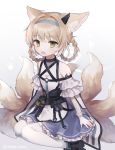  1girl animal_ears arknights bangs bare_shoulders black_footwear blue_dress blue_hairband boots braid brown_hair commentary_request dress eyebrows_visible_through_hair fang fox_ears fox_girl fox_tail frilled_dress frills green_eyes hair_rings hairband headgear kitsune korean_commentary looking_at_viewer moffle_(ayabi) off-shoulder_dress off_shoulder open_mouth pantyhose solo suzuran_(arknights) tail twin_braids white_legwear wrist_cuffs 