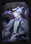  1boy azul_ashengrotto blue_eyes collared_shirt gloves hat jacket looking_at_viewer male_focus mole mole_under_mouth shirt silver_hair smile solo tentacles twisted_wonderland white_shirt zixo 