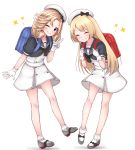  2girls ;) absurdres backpack bag blonde_hair blue_eyes blue_sailor_collar blush closed_eyes closed_mouth commentary_request dress eyebrows_visible_through_hair full_body gloves grin hat highres janus_(kantai_collection) jervis_(kantai_collection) kantai_collection long_hair looking_at_viewer multiple_girls one_eye_closed randoseru sailor_collar sailor_dress sailor_hat school_bag shoes short_hair short_sleeves simple_background smile socks sparkle teeth tiemu_(man190) v white_background white_dress white_gloves white_headwear white_legwear 