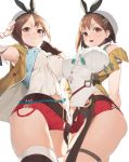  2girls absurdres armpits arms_behind_back arms_up atelier_(series) atelier_ryza atelier_ryza_2 bangs belt black_ribbon blue_belt blush breast_press breasts brown_belt brown_eyes brown_hair gloves hair_ornament hat highres jam_(nandade) large_breasts leather_belt multiple_girls open_mouth red_shorts reisalin_stout ribbon shirt short_hair short_shorts shorts simple_background skindentation sleeveless sleeveless_shirt thick_thighs thighs vest vial white_background white_headwear yellow_vest 