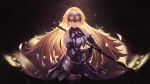  1girl armor armored_dress banner black_gloves black_legwear blonde_hair blue_eyes blurry blurry_background breasts breasts_apart closed_mouth cowboy_shot detached_sleeves dress fate/apocrypha fate_(series) faulds floating_hair fur-trimmed_legwear fur-trimmed_sleeves fur_trim gloves headpiece highres holding jeanne_d&#039;arc_(fate) jeanne_d&#039;arc_(fate)_(all) large_breasts long_hair long_sleeves looking_at_viewer maoii shiny shiny_hair sleeveless sleeveless_dress solo standing thigh-highs v-shaped_eyebrows very_long_hair 