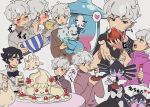  1boy 1girl alcremie beet_(pokemon) black_hair black_neckwear blush bow bowl bowtie cake cake_slice chopsticks closed_eyes commentary_request eating food gen_5_pokemon gen_8_pokemon gothitelle grey_hair hatterene heart highres holding holding_bowl holding_chopsticks holding_plate holding_spoon milcery nashubi_(to_infinity_wow) noodles open_mouth plate pokemon pokemon_(creature) pokemon_(game) pokemon_swsh poplar_(pokemon) short_hair spoon teeth tongue tongue_out translation_request vanilluxe violet_eyes white_background wooden_spoon younger 