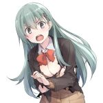  1girl blouse blush breasts brown_jacket brown_sweater eyebrows_visible_through_hair green_eyes green_hair hair_between_eyes jacket kantai_collection large_breasts long_hair long_sleeves neck_ribbon open_mouth red_ribbon remodel_(kantai_collection) ribbon sakana school_uniform simple_background solo suzuya_(kantai_collection) sweater torn_clothes torn_jacket upper_body white_background white_blouse 