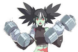  1girl black_hair bolt commentary dumbbell english_commentary frankenstein frankenstein&#039;s_monster genderswap genderswap_(mtf) green_skin hands_up highres holding looking_at_viewer multicolored multicolored_hair multicolored_skin open_mouth oversized_forearms oversized_limbs red_eyes simple_background solo sports_bra streaked_hair surgical_scar twintails vins-mousseux weightlifting white_background 