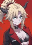  1girl bangs blonde_hair braid breasts eyebrows_visible_through_hair eyes_visible_through_hair fate/apocrypha fate_(series) french_braid green_eyes grin hair_ornament hair_scrunchie highres horns long_hair long_sleeves looking_at_viewer mordred_(fate)_(all) parted_bangs ponytail red_background red_scrunchie scrunchie sidelocks simple_background small_breasts smile tonee 