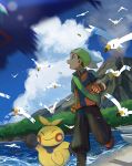  1boy backpack bag boat clouds commentary_request day flying gen_3_pokemon gloves hariiro_pon latios legendary_pokemon looking_to_the_side looking_up makuhita open_mouth outdoors pokemon pokemon_(creature) pokemon_(game) pokemon_emerald pokemon_rse running shoes shore short_sleeves sky volcano water watercraft wingull yuuki_(pokemon) 