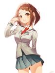  1girl :d arm_behind_back artist_name blazer blush boku_no_hero_academia brown_eyes brown_hair collared_shirt cowboy_shot ggumbam grey_skirt highres jacket long_sleeves looking_at_viewer miniskirt necktie open_mouth pleated_skirt red_neckwear school_uniform shiny shiny_hair shirt short_hair simple_background skirt smile solo standing uraraka_ochako white_background white_shirt wing_collar 