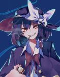 1girl absurdres artist_request bangs blue_background bow brown_hair capelet cigarette hair_between_eyes hat hat_bow hat_ribbon highres holding holding_cigarette holding_lighter lighter looking_at_viewer open_mouth red_bow ribbon simple_background smile smoking solo touhou upper_body usami_renko white_bow 