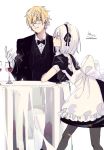  1boy 1girl alcohol alternate_costume apron ars_almal bangs bespectacled black_dress black_jacket black_neckwear black_vest blonde_hair blue_eyes bow bowtie brown_legwear butler collared_shirt commentary_request cup dress dress_shirt drinking_glass enmaided ex_albio frilled_apron frills glasses gloves hair_over_one_eye highres jacket long_sleeves maid maid_apron maid_headdress nijisanji pantyhose profile puffy_short_sleeves puffy_sleeves shirt short_hair short_sleeves signature simple_background sofra table tablecloth twitter_username vest virtual_youtuber white_apron white_background white_gloves white_hair white_shirt wine wine_glass 