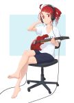  1girl absurdres ahoge anco8pizz bangs cable chair collarbone commentary commission crossed_legs drill_hair electric_guitar expressionless full_body guitar hair_ornament hairclip hand_on_headphones headphones highres holding holding_instrument instrument kasane_teto looking_at_viewer mixed-language_commentary red_eyes redhead shirt short_hair shorts sitting solo swept_bangs t-shirt twin_drills utau white_shirt 