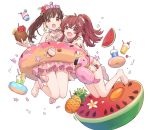  2girls ahoge bangs blush bracelet brown_eyes brown_hair cherry chiri_(ch!) coconut commentary cup disposable_cup drinking_straw earrings english_commentary food fruit full_body hair_between_eyes idolmaster idolmaster_shiny_colors innertube jewelry komiya_kaho long_hair looking_at_viewer multiple_girls nail_polish open_mouth pink_nails ponytail red_eyes redhead shirt simple_background smile solo sonoda_chiyoko swimsuit swimsuit_skirt watermelon white_background white_shirt 