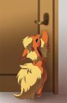  blush commentary commentary_request door door_handle ears_back flareon fluffy gen_1_pokemon green_eyes pawpads pokemon reaching ruri_tsubame sweat trembling wooden_door 