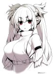  1girl bare_shoulders breasts elf eyebrows_visible_through_hair face long_hair original parted_lips pointy_ears red_eyes short_eyebrows simple_background solo spot_color takatsuki_ichi twintails twitter_username upper_body white_background 