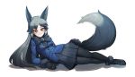  1girl animal_ear_fluff animal_ears artist_request black_gloves black_legwear black_skirt blue_jacket blush breasts commentary commentary_request fox_ears fox_girl fox_tail full_body fur-trimmed_sleeves fur_trim gloves jacket kemono_friends korean_commentary long_hair looking_at_viewer lying medium_breasts medium_skirt on_side silver_fox_(kemono_friends) simple_background skirt solo tail white_background 