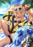  1girl ahoge bangs beach bikini black_bikini blonde_hair blush breasts chair dark_skin eyewear_on_head food hair_between_eyes hair_intakes highres holding holding_food innertube jacket long_hair long_sleeves looking_at_viewer lounge_chair messy_hair off_shoulder open_clothes open_jacket original popsicle rokita sidelocks small_breasts smile solo sunglasses swimsuit thick_eyebrows thigh_strap thighs tinted_eyewear twintails 