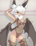  1girl absurdres animal_ear_fluff animal_ears arms_behind_back bat_ears bat_wings breasts brown_legwear brown_leotard clip_studio_paint_(medium) commentary contrapposto cowboy_shot draculina_(vins-mousseux) english_commentary hair_over_one_eye hands_up highleg highleg_leotard highres leotard looking_at_viewer low_wings medium_breasts one_eye_covered orange_eyes original parted_lips perky_breasts shiny shiny_hair slit_pupils solo thigh-highs vins-mousseux white_hair wings 