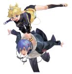  2boys aqua_eyes bandaid bandaid_on_knee bandaid_on_nose black_jacket black_legwear black_pants blonde_hair blue_eyes blue_hair cable falling glasses hair_ornament hairclip hands_on_another&#039;s_back headphones headphones_around_neck hopping jacket kagamine_len kaito kneehighs leap_frog male_focus multiple_boys naoko_(naonocoto) open_mouth outstretched_arms outstretched_legs pants red-tinted_eyewear school_uniform_parka_(module) short_ponytail shorts smile spiky_hair stylish_energy_(module) surprised track_jacket v-shaped_eyebrows vocaloid white_footwear white_hoodie 