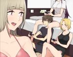  1boy 3girls bangs bed blonde_hair blue_eyes bra breasts brown_eyes brown_hair controller eyebrows_visible_through_hair game_controller gyaru harem holding holding_controller holding_game_controller imaizumin-chi_wa_douyara_gal_no_tamariba_ni_natteru_rashii kogal large_breasts light_brown_hair long_hair multiple_girls nori_gorou open_mouth original parted_lips pink_bra purple_hair shirt short_hair short_shorts shorts sidelocks sitting tank_top underwear violet_eyes 