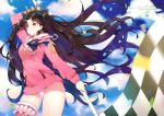  1girl absurdres arm_up ayamy bangs black_hair blue_sky blurry blush bow checkered checkered_flag closed_mouth clouds cloudy_sky confetti contrapposto cowboy_shot crown day depth_of_field earrings eyebrows_visible_through_hair fate/grand_order fate_(series) flag floating_hair fur-trimmed_hood fur-trimmed_legwear fur_trim hair_bow highleg highleg_swimsuit highres holding holding_flag hood hoodie hoop_earrings huge_filesize ishtar_(fate)_(all) ishtar_(swimsuit_rider)_(fate) jewelry lens_flare long_hair looking_at_viewer motion_blur one-piece_swimsuit outdoors pink_legwear red_eyes scan single_thighhigh sky smile solo sparkle standing swimsuit swimsuit_under_clothes thigh-highs thighs two_side_up very_long_hair white_swimsuit 