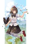  1girl arm_up belt bird black_neckwear black_skirt blue_sky bow bowtie brown_hair clouds commentary_request crow floating folded_leg forest hair_between_eyes hat highres lake leaf looking_to_the_side maple_leaf mountain nature ookashippo pantyhose petticoat pom_pom_(clothes) puffy_short_sleeves puffy_sleeves red_eyes red_footwear red_headwear river scenery shameimaru_aya shirt short_hair short_sleeves skirt sky smile solo tokin_hat touhou untucked_shirt white_legwear white_shirt 