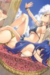  2girls absurdres arm_up armlet bangs barefoot bikini bikini_skirt blue_bikini blue_eyes blue_nails blue_sky bracelet breasts closed_mouth clouds day earrings eden&#039;s_zero eyebrows_visible_through_hair from_side hair_between_eyes highres homura_kogetsu jewelry large_breasts long_hair looking_at_viewer lying mashima_hiro multiple_girls nail_polish official_art on_stomach outdoors parted_lips print_bikini rebecca_(eden&#039;s_zero) red_eyes sideboob silver_hair sky smile swimsuit untied untied_bikini very_long_hair yellow_bikini 