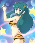  1girl :d bare_arms bare_shoulders bikini blue_eyes commentary cowboy_shot english_commentary eyeshadow fang green_hair highres horns long_hair looking_at_viewer lum makeup oni oni_horns open_mouth pointy_ears smile solo standing star_(symbol) striped striped_bikini swimsuit urusei_yatsura vins-mousseux 