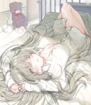  1girl arms_up barefoot blush breasts cecilia_(shiro_seijo_to_kuro_bokushi) chest_of_drawers collared_shirt commentary_request dress_shirt full_body grey_eyes grey_hair indoors kazutake_hazano knee_up long_hair long_sleeves lying medium_breasts naked_shirt on_back on_bed one_eye_closed parted_lips shiro_seijo_to_kuro_bokushi shirt sleeves_past_wrists solo stuffed_animal stuffed_bunny stuffed_toy teddy_bear very_long_hair white_shirt 